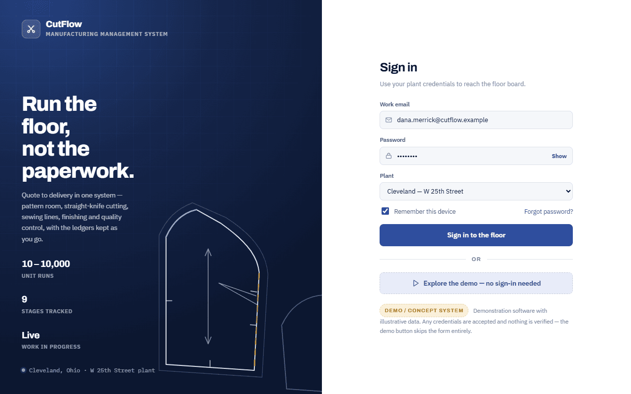 CutFlow login screen