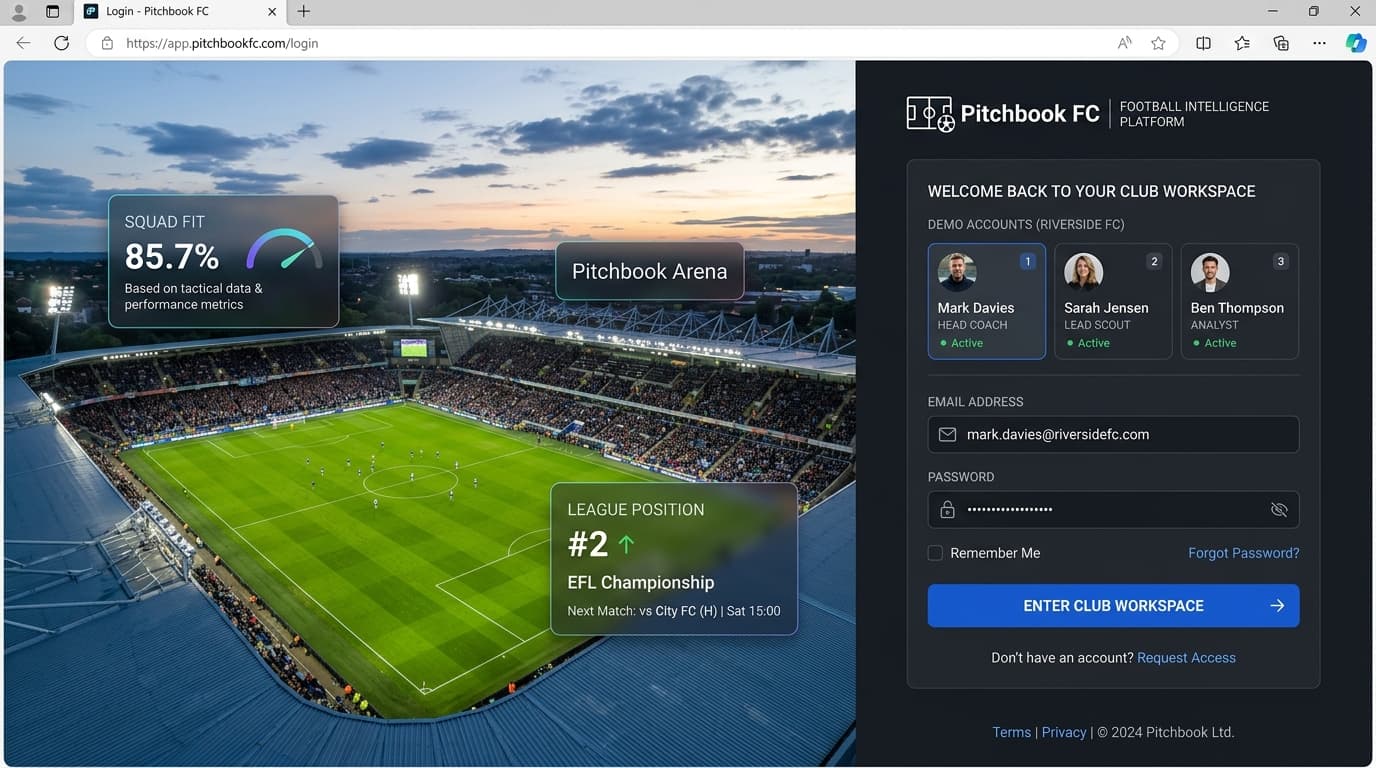 Pitchbook FC — Pro Enterprise Football OS login screen