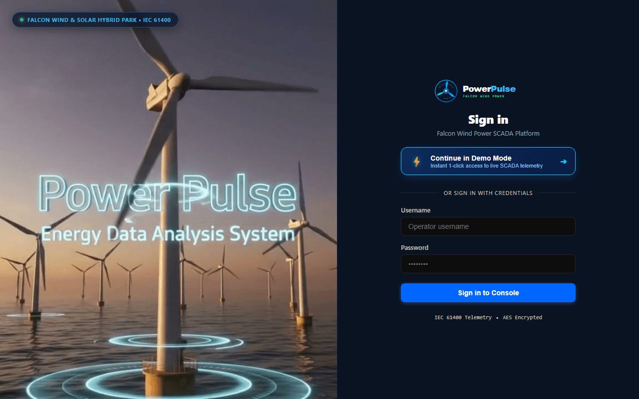 PowerPulse — Falcon Wind Power SCADA login screen