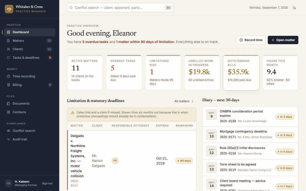 Woolsack Legal OS dashboard
