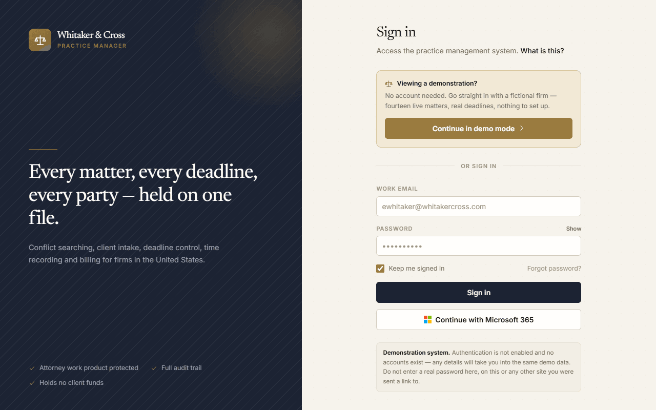 Woolsack Legal OS login screen